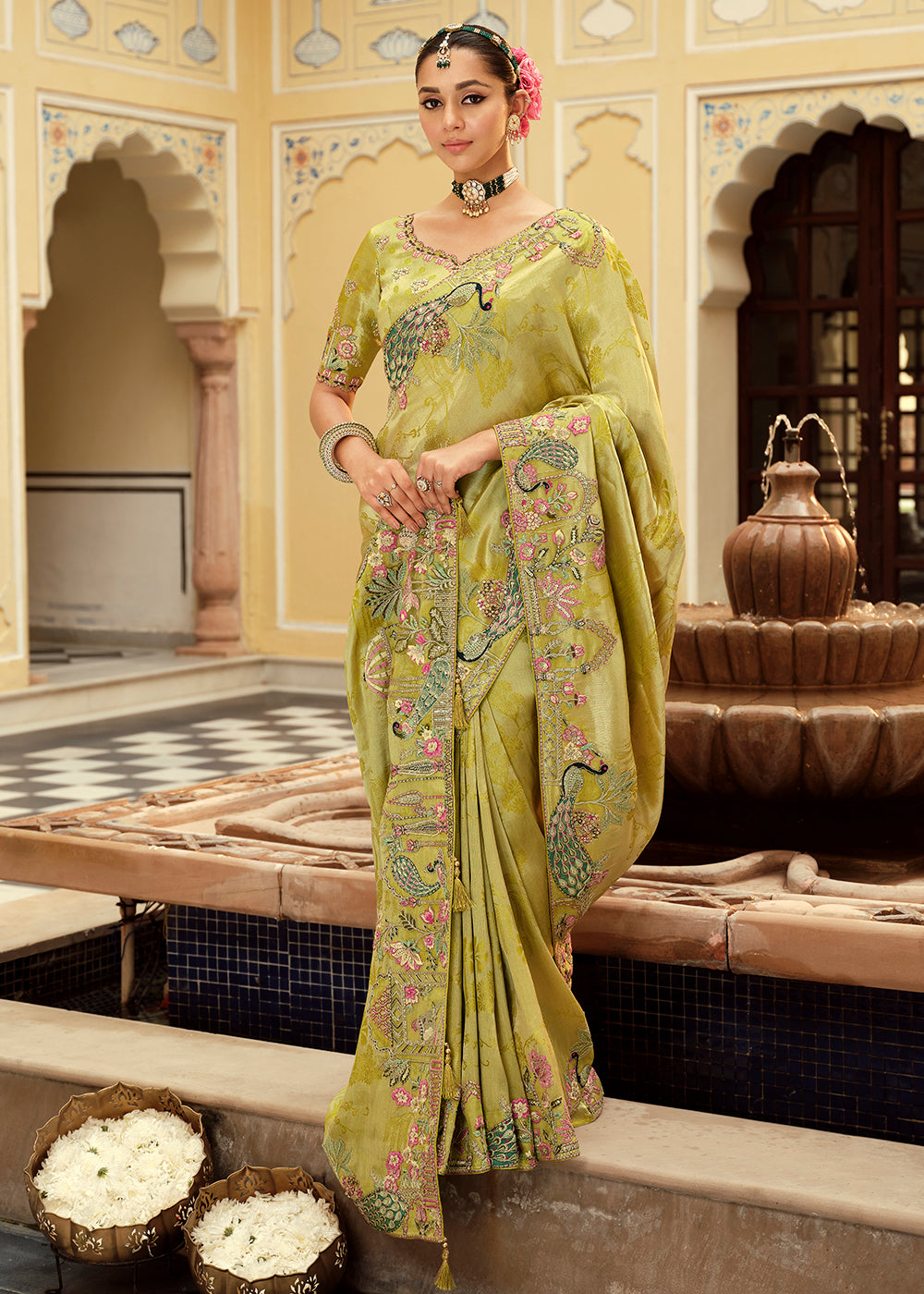 Buy Now Olive Green Traditional Embroidered Designer Saree Online in US, UK, Canada, France, Germany, Denmark, Netherlands, Sweden, UAE & Worldwide at Empress.