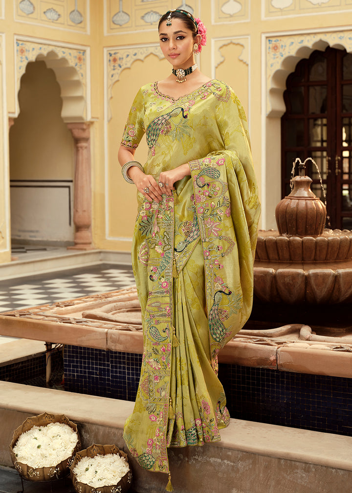 Buy Now Olive Green Traditional Embroidered Designer Saree Online in US, UK, Canada, France, Germany, Denmark, Netherlands, Sweden, UAE & Worldwide at Empress.