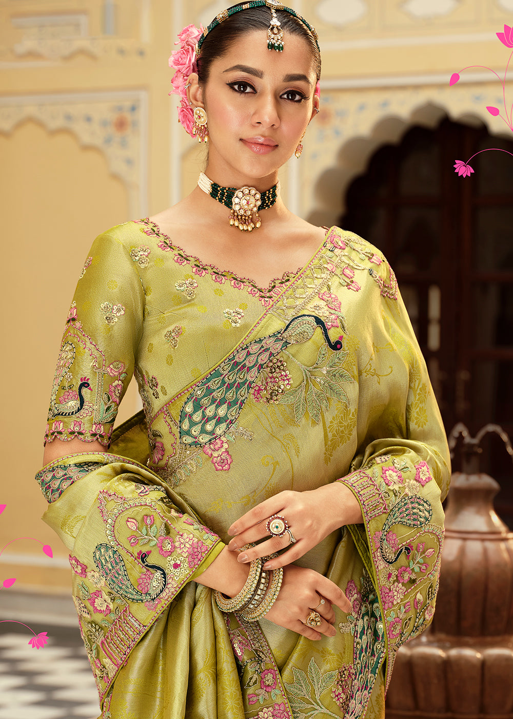Buy Now Olive Green Traditional Embroidered Designer Saree Online in US, UK, Canada, France, Germany, Denmark, Netherlands, Sweden, UAE & Worldwide at Empress.
