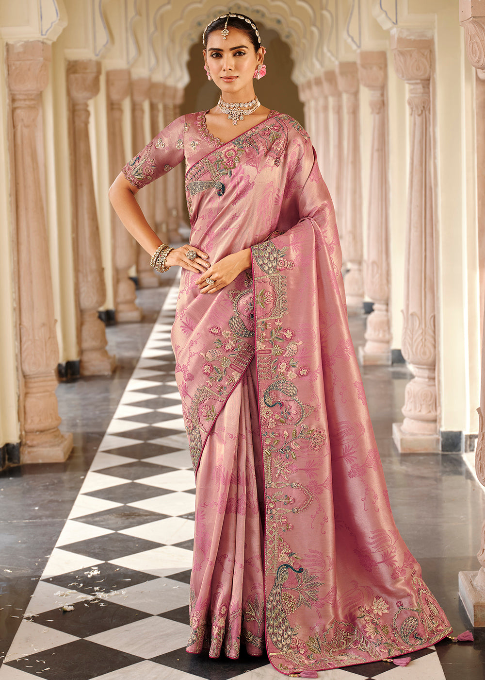 Buy Now Pinkish Peach Traditional Embroidered Designer Saree Online in US, UK, Canada, France, Germany, Denmark, Netherlands, Sweden, UAE & Worldwide at Empress.