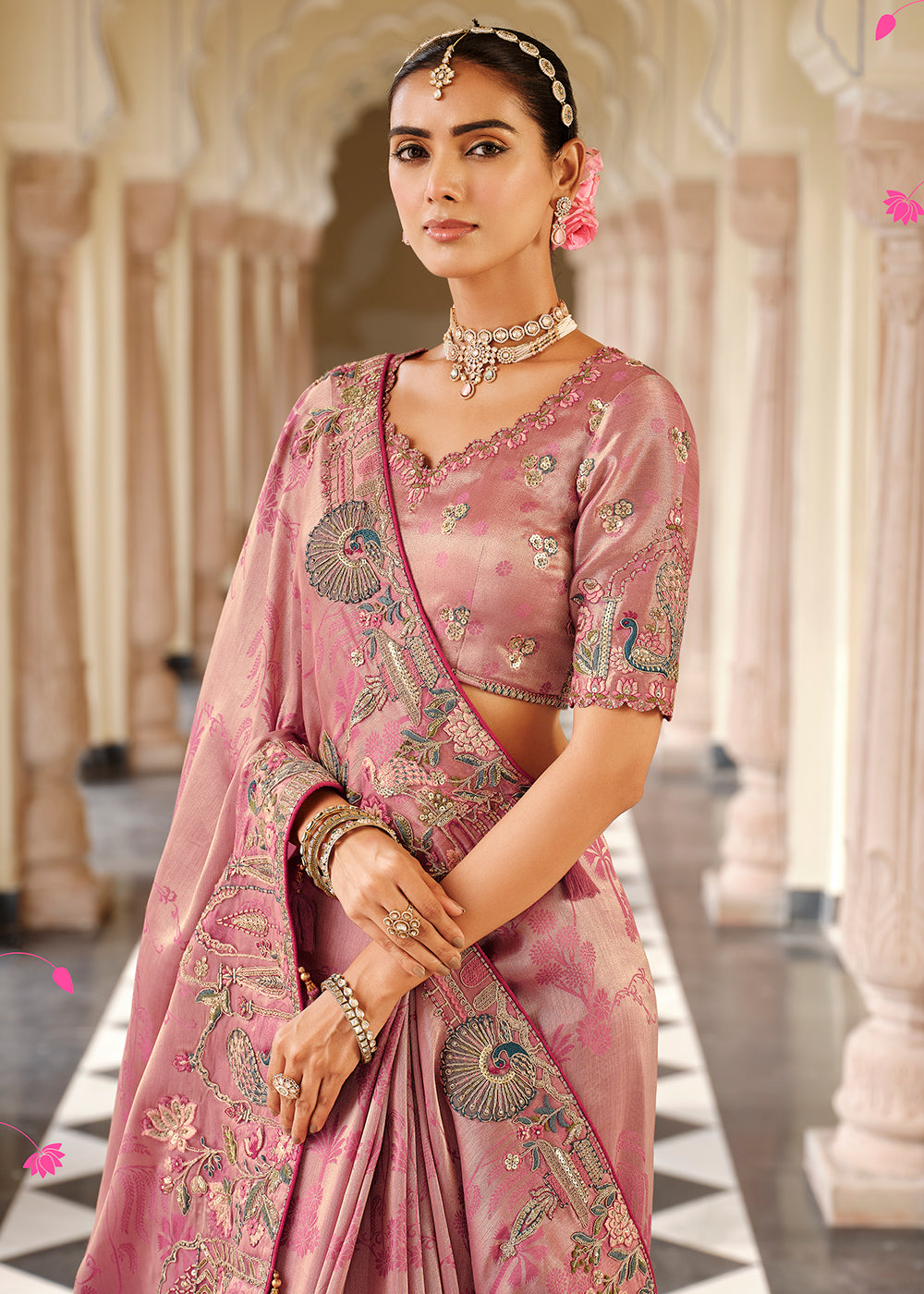 Buy Now Pinkish Peach Traditional Embroidered Designer Saree Online in US, UK, Canada, France, Germany, Denmark, Netherlands, Sweden, UAE & Worldwide at Empress.