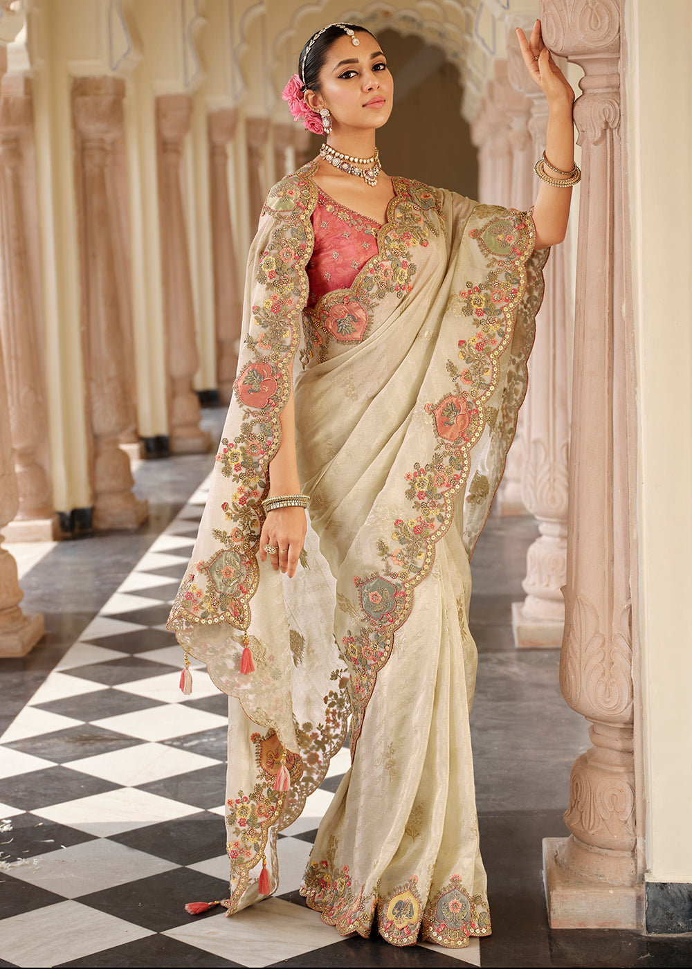 Buy Now Off White & Peach Traditional Embroidered Designer Saree Online in US, UK, Canada, France, Germany, Denmark, Netherlands, Sweden & Worldwide at Empress.