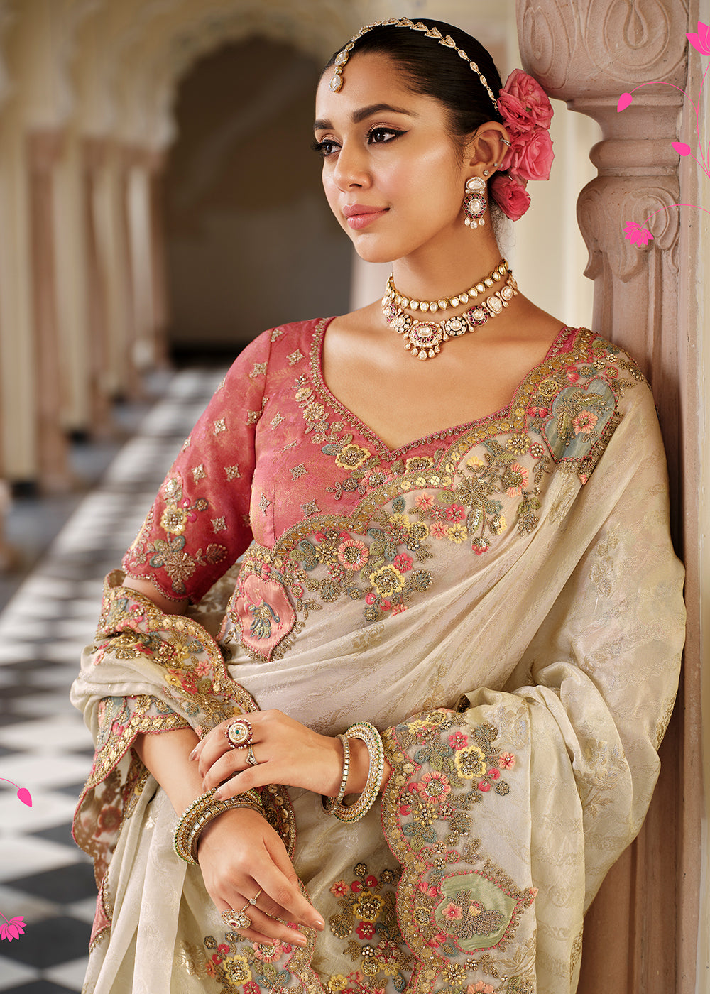 Buy Now Off White & Peach Traditional Embroidered Designer Saree Online in US, UK, Canada, France, Germany, Denmark, Netherlands, Sweden & Worldwide at Empress.