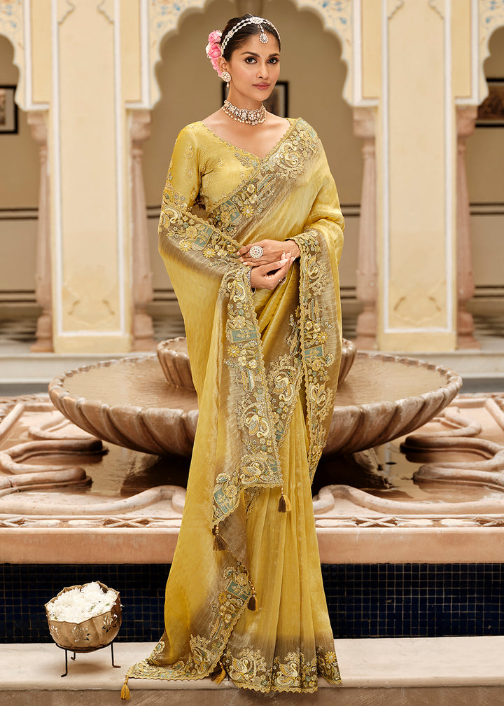 Buy Now Golden & Green Traditional Embroidered Designer Saree Online in US, UK, Canada, France, Germany, Denmark, Netherlands, Sweden & Worldwide at Empress.