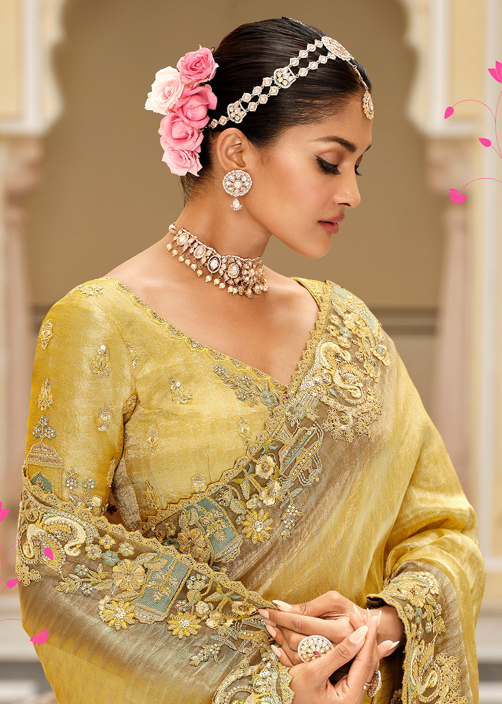 Buy Now Golden & Green Traditional Embroidered Designer Saree Online in US, UK, Canada, France, Germany, Denmark, Netherlands, Sweden & Worldwide at Empress.