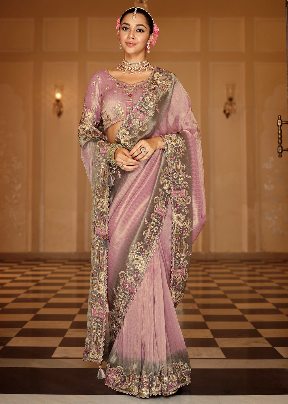 Buy Now Dusty Pink & Grey Traditional Embroidered Designer Saree Online in US, UK, Canada, France, Germany, Denmark, Netherlands, Sweden & Worldwide at Empress.