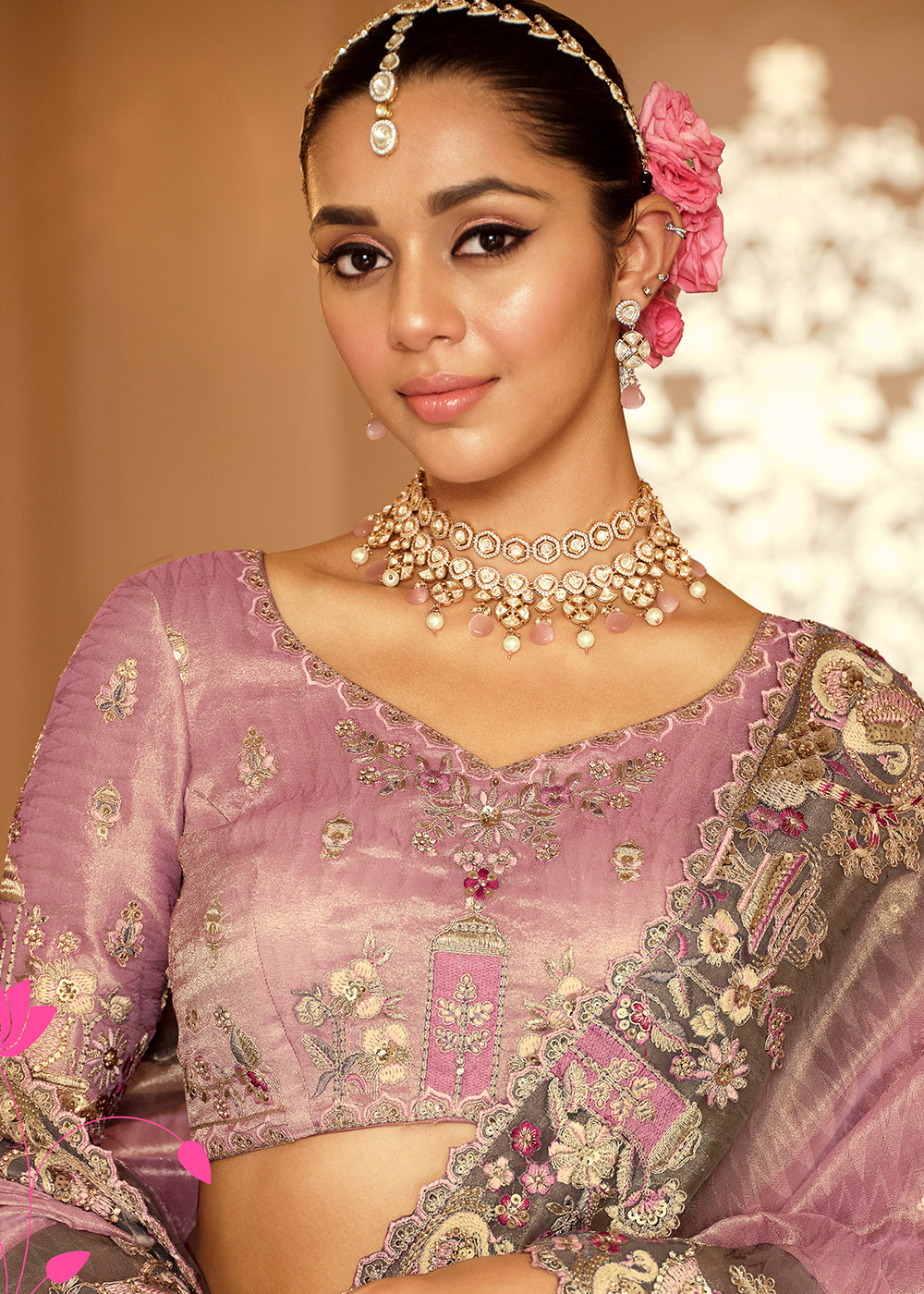 Buy Now Dusty Pink & Grey Traditional Embroidered Designer Saree Online in US, UK, Canada, France, Germany, Denmark, Netherlands, Sweden & Worldwide at Empress.