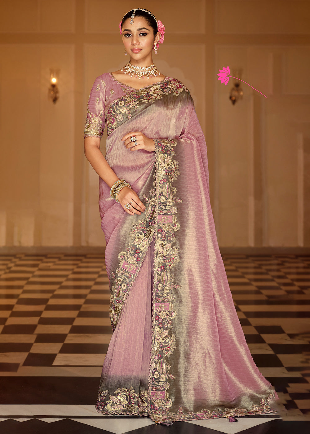 Buy Now Dusty Pink & Grey Traditional Embroidered Designer Saree Online in US, UK, Canada, France, Germany, Denmark, Netherlands, Sweden & Worldwide at Empress.