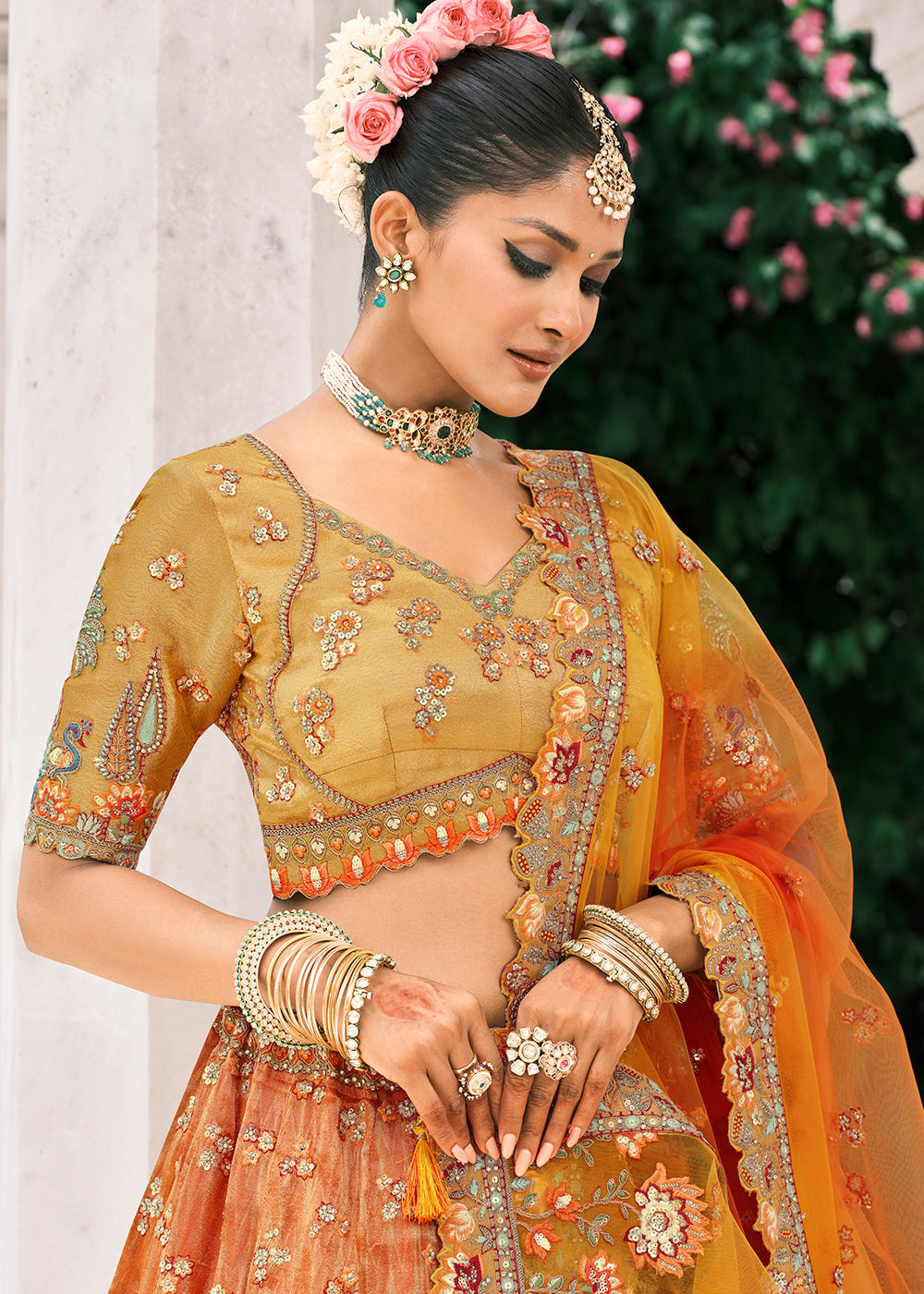 Buy Now Designer Orange & Yellow Bridal Silk Lehenga Choli Online in US, UK, Canada, France, Italy, Germany, Austria, Denmark, Africa & Worldwide at Empress.