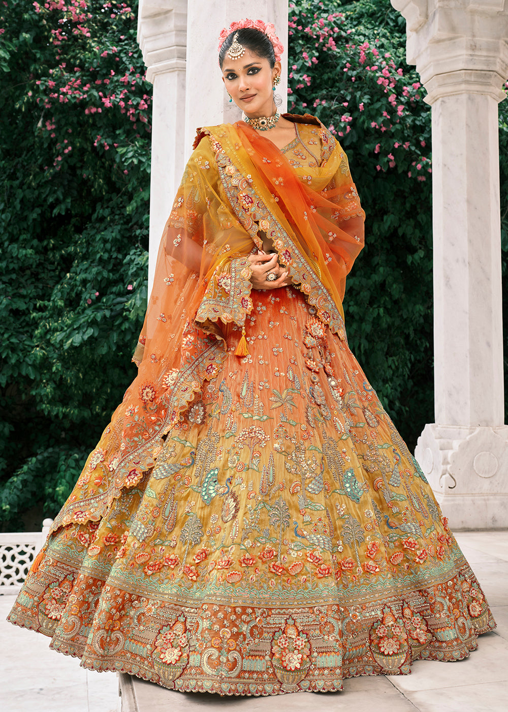 Buy Now Designer Orange & Yellow Bridal Silk Lehenga Choli Online in US, UK, Canada, France, Italy, Germany, Austria, Denmark, Africa & Worldwide at Empress.