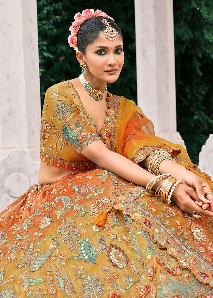 Buy Now Designer Orange & Yellow Bridal Silk Lehenga Choli Online in US, UK, Canada, France, Italy, Germany, Austria, Denmark, Africa & Worldwide at Empress.