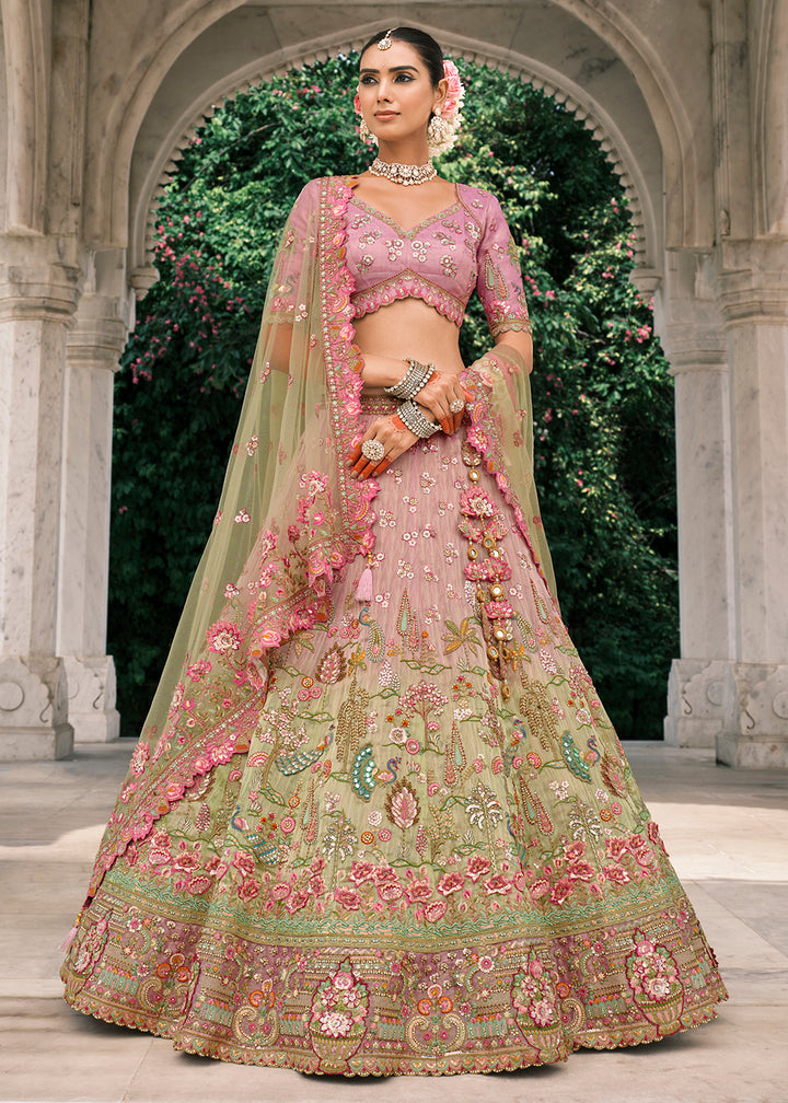 Designer Green & Pink Bridal Silk Lehenga Choli