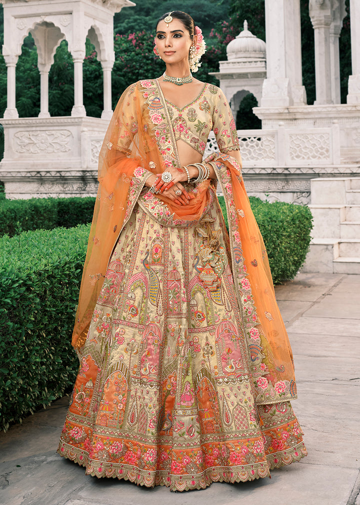 Buy Now Designer Cream Bridal Silk Lehenga Choli Online in US, UK, Canada, France, Italy, Germany, Austria, Denmark, Africa, UAE, Spain & Worldwide at Empress.