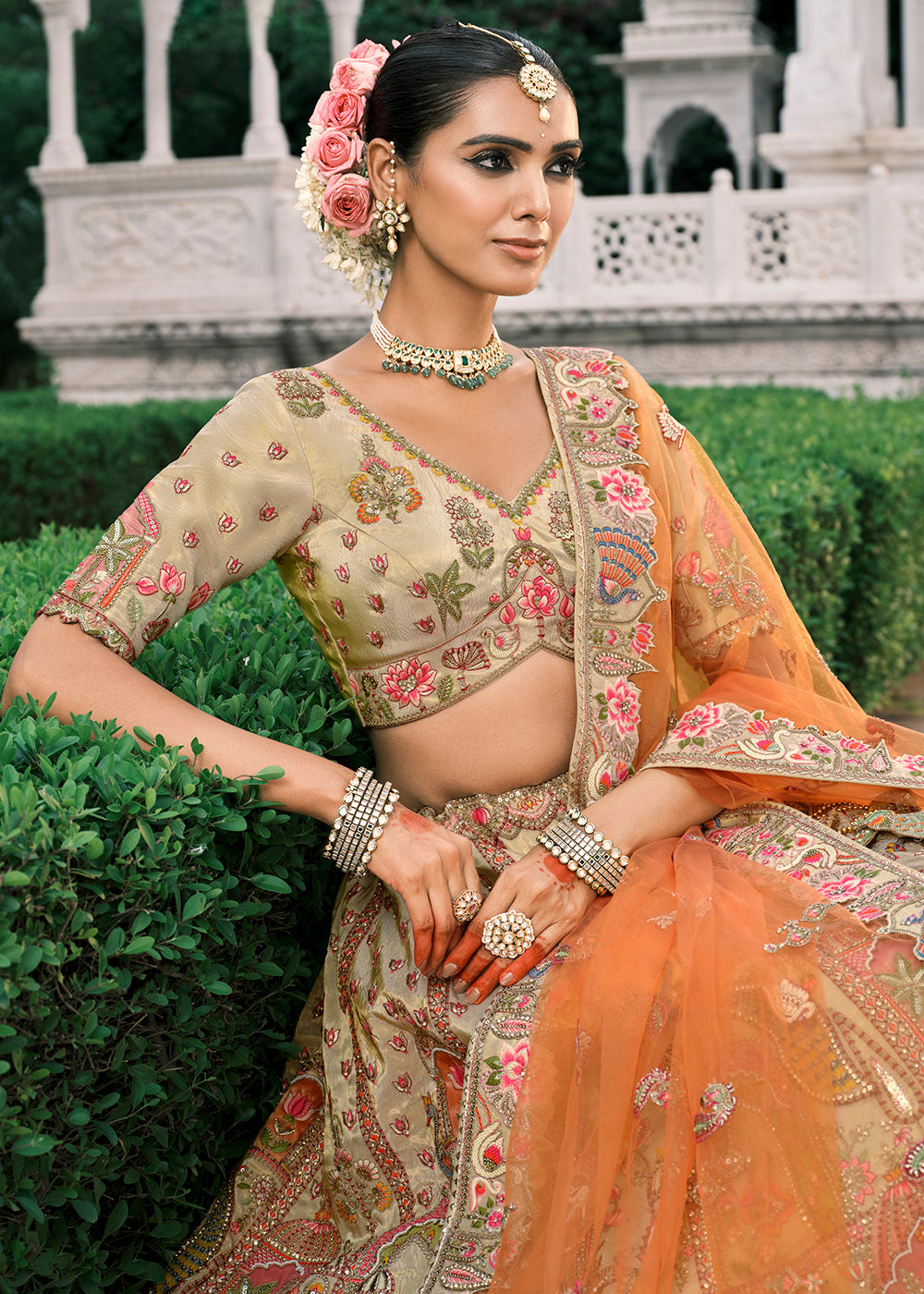 Buy Now Designer Cream Bridal Silk Lehenga Choli Online in US, UK, Canada, France, Italy, Germany, Austria, Denmark, Africa, UAE, Spain & Worldwide at Empress.