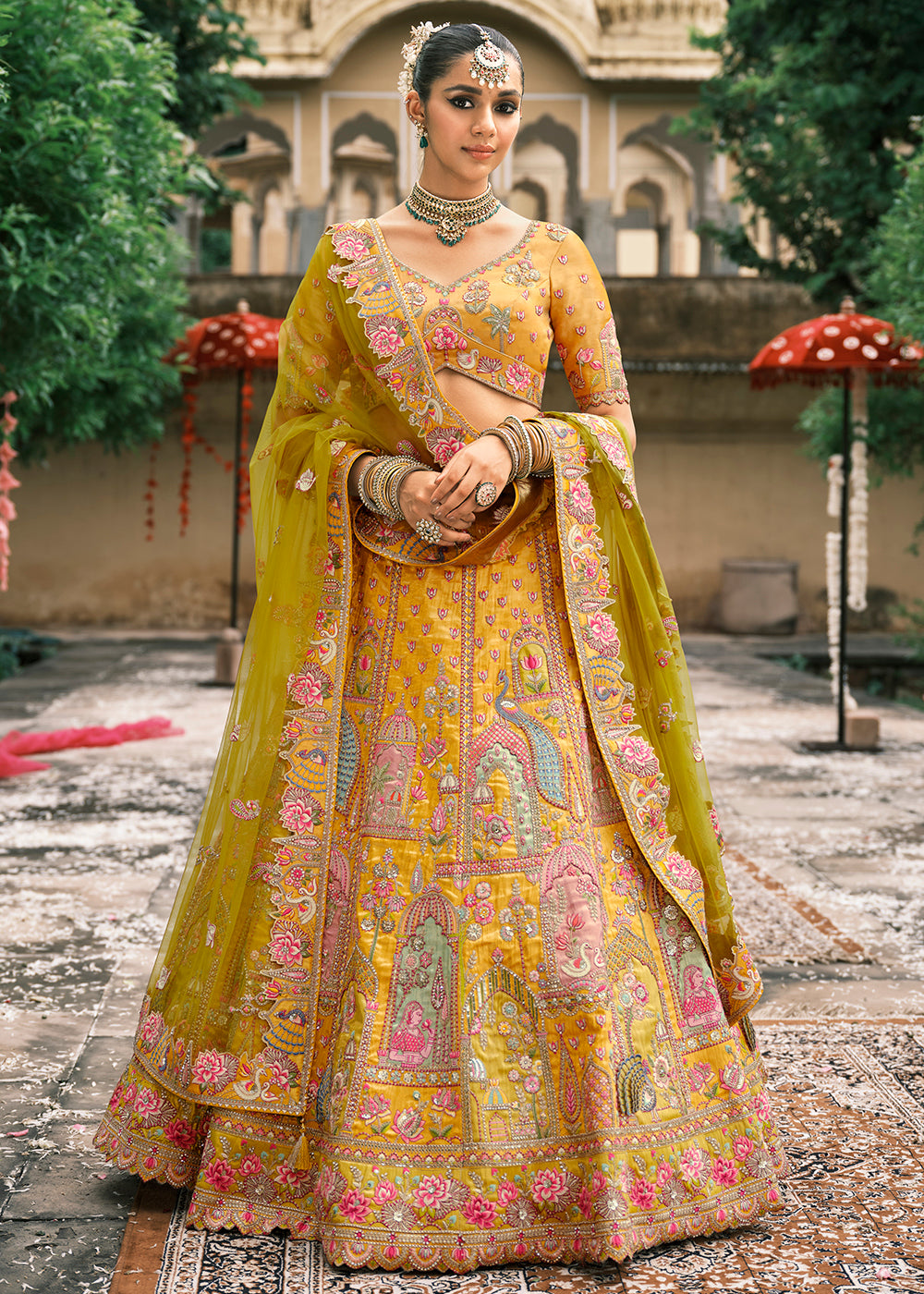 Buy Now Designer Yellow Bridal Silk Lehenga Choli Online in US, UK, Canada, France, Italy, Germany, Greece, Malta, Africa, Spain, UAE & Worldwide at Empress.