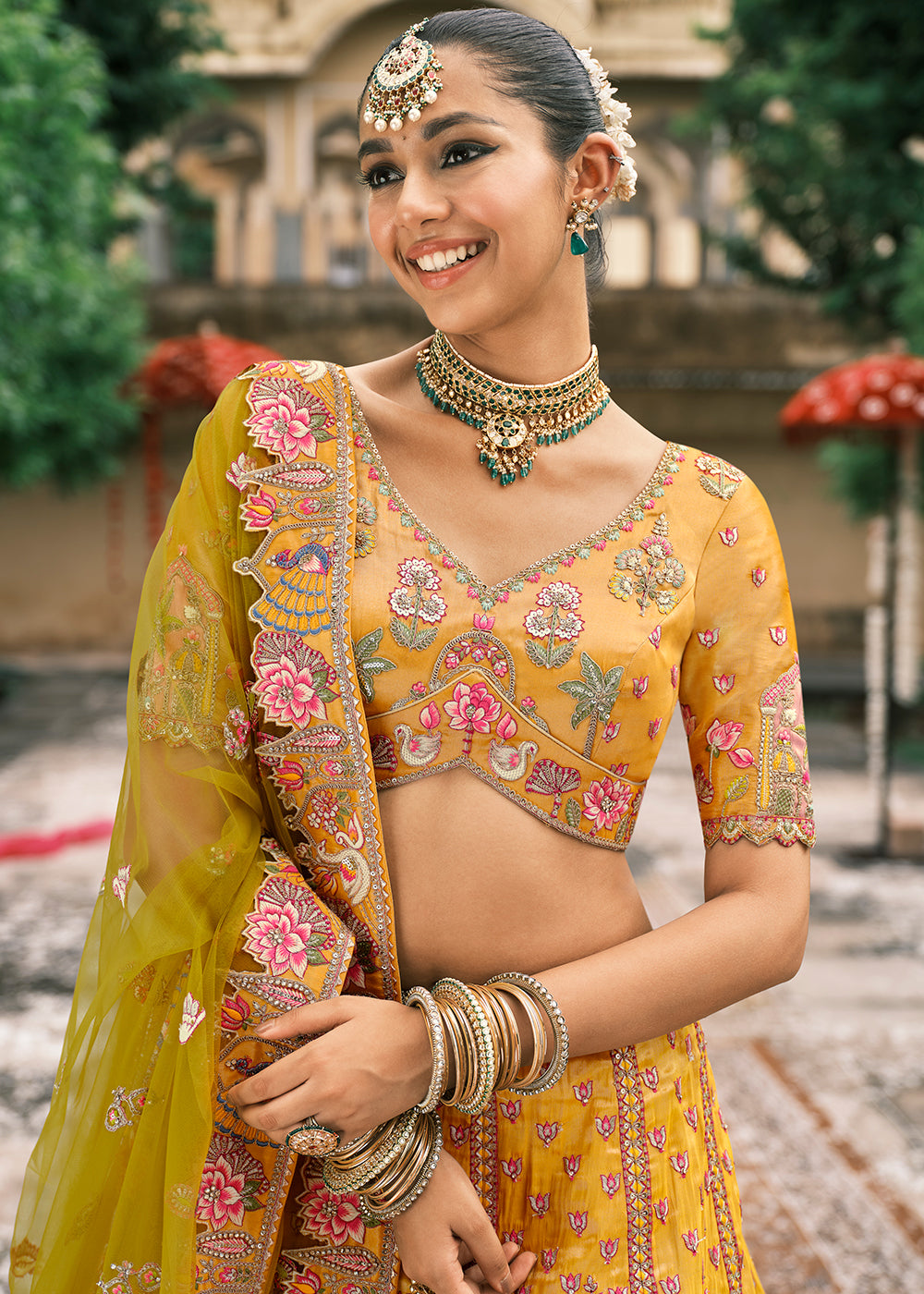 Buy Now Designer Yellow Bridal Silk Lehenga Choli Online in US, UK, Canada, France, Italy, Germany, Greece, Malta, Africa, Spain, UAE & Worldwide at Empress.