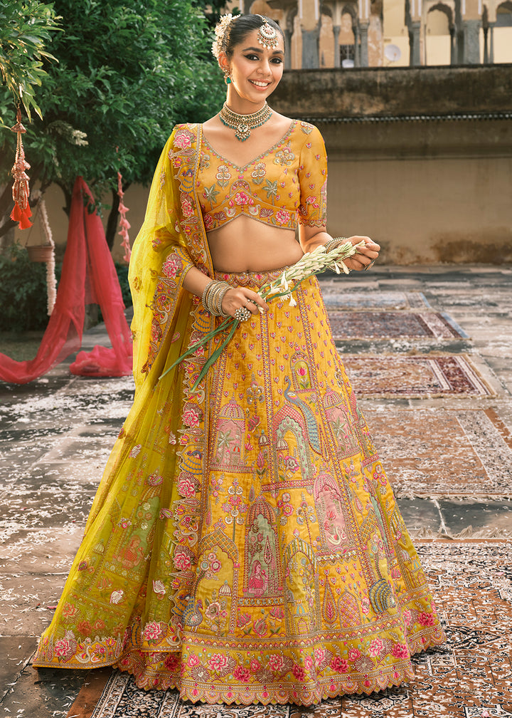 Buy Now Designer Yellow Bridal Silk Lehenga Choli Online in US, UK, Canada, France, Italy, Germany, Greece, Malta, Africa, Spain, UAE & Worldwide at Empress.