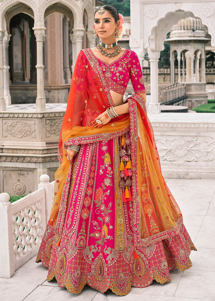 Buy Now Designer Rani Pink Bridal Silk Lehenga Choli Online in US, UK, Canada, France, Italy, Germany, Greece, Malta, Africa, Spain, UAE & Worldwide at Empress.