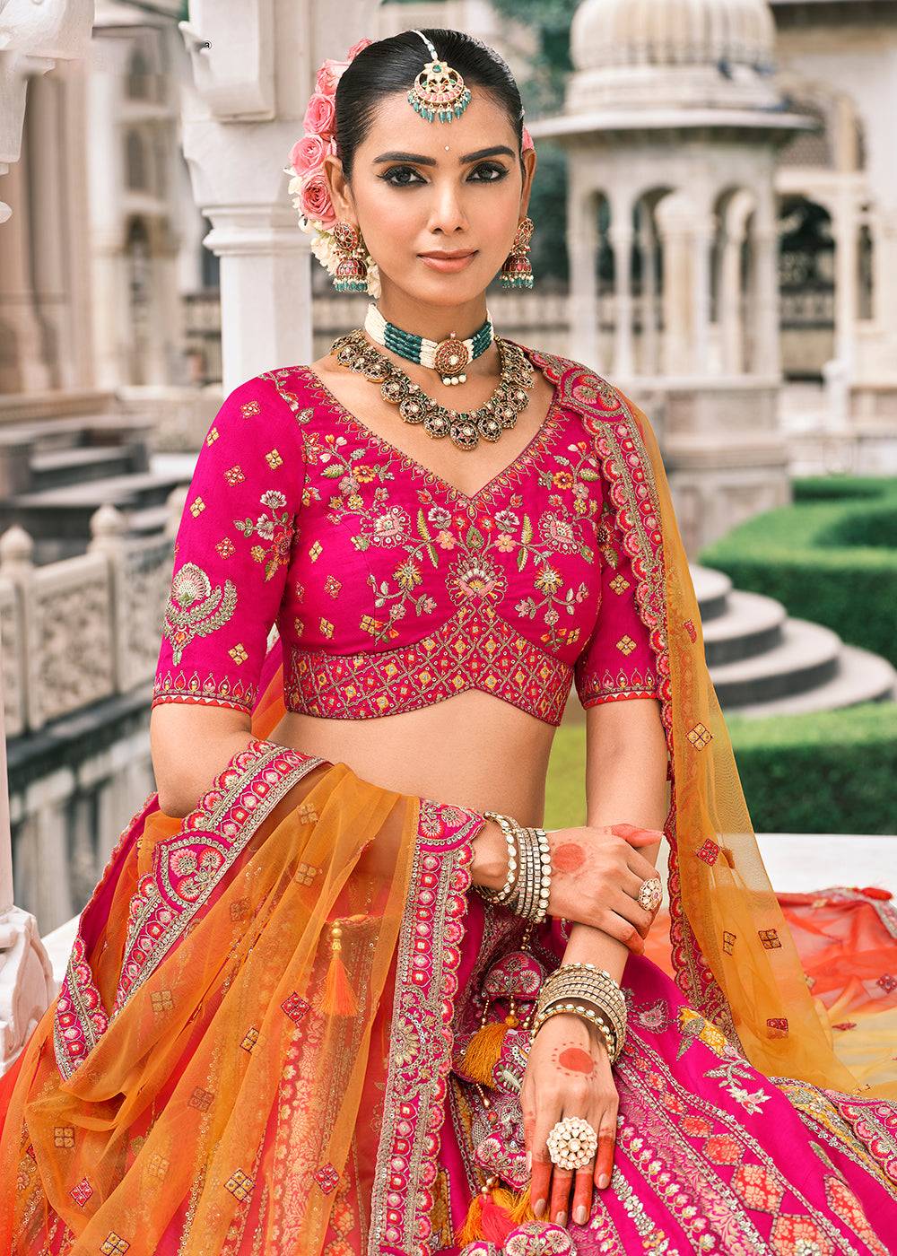Buy Now Designer Rani Pink Bridal Silk Lehenga Choli Online in US, UK, Canada, France, Italy, Germany, Greece, Malta, Africa, Spain, UAE & Worldwide at Empress.