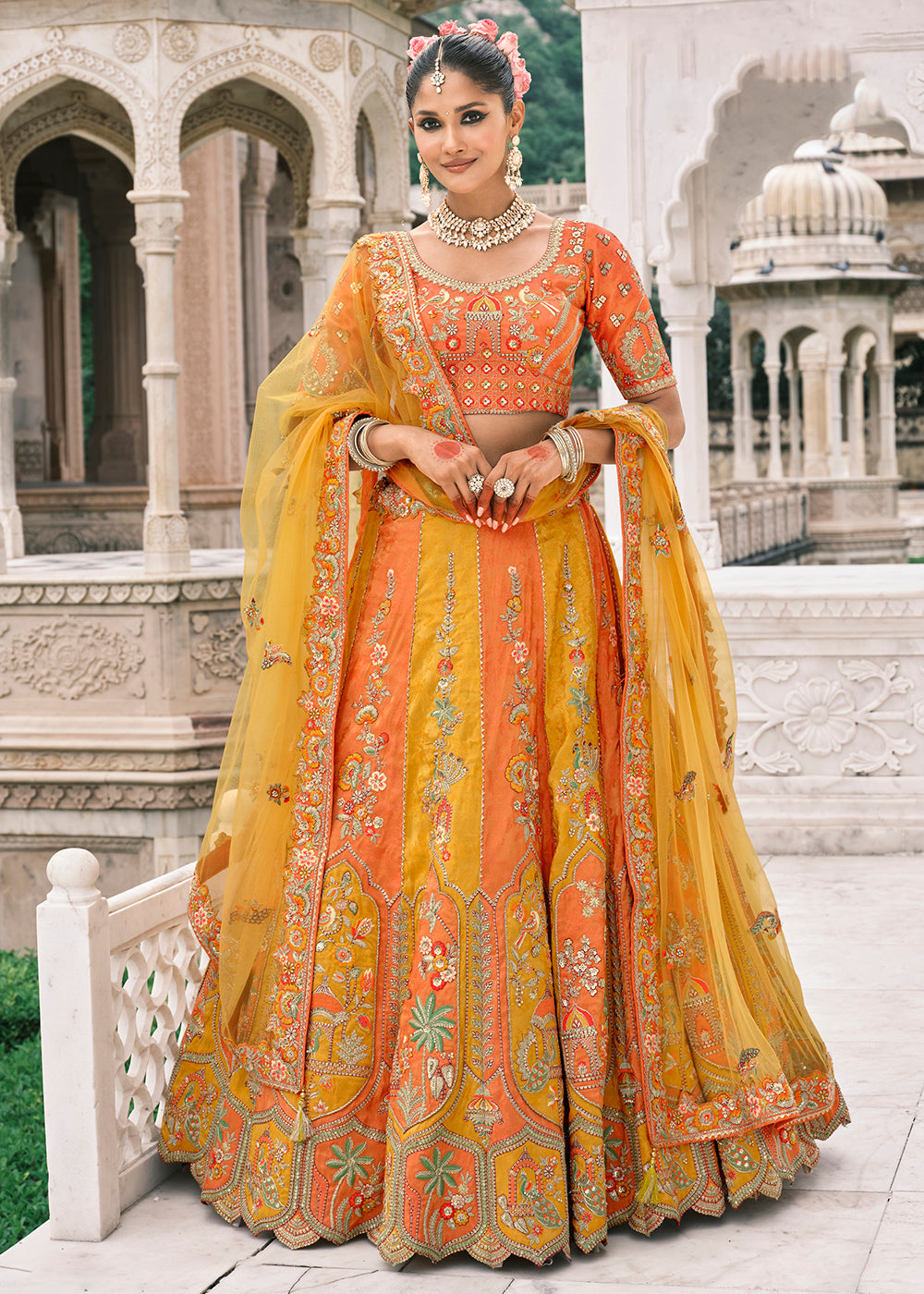 Buy Now Designer Yellow & Orange Bridal Silk Lehenga Choli Online in US, UK, Canada, France, Italy, Germany, Greece, Malta, Africa, UAE & Worldwide at Empress.