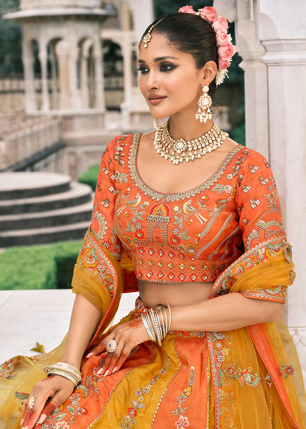 Buy Now Designer Yellow & Orange Bridal Silk Lehenga Choli Online in US, UK, Canada, France, Italy, Germany, Greece, Malta, Africa, UAE & Worldwide at Empress.