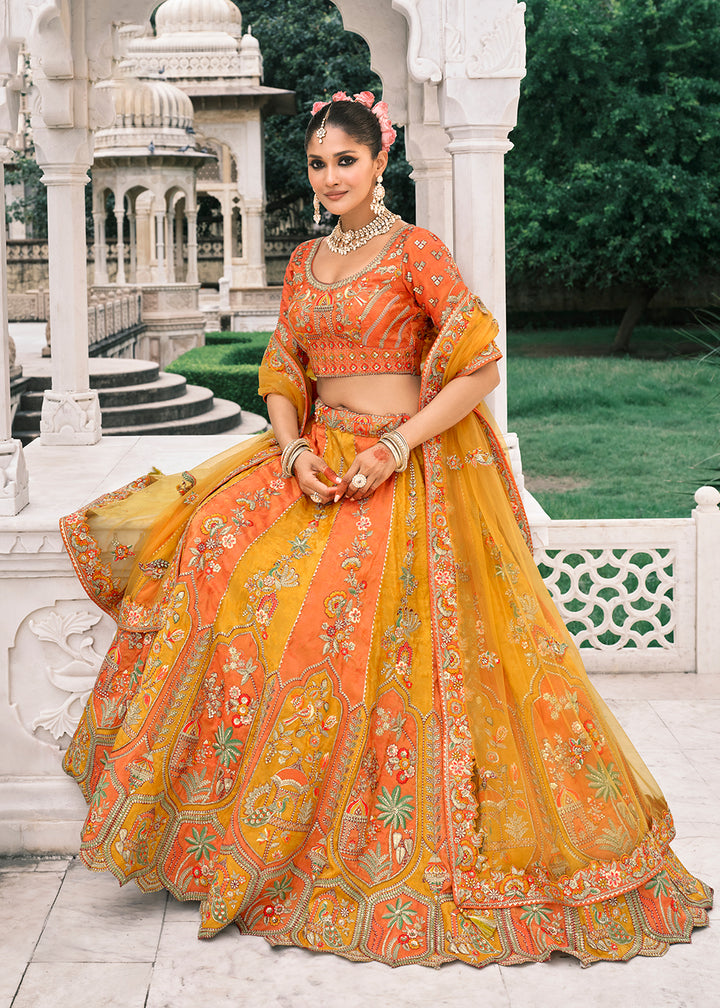 Buy Now Designer Yellow & Orange Bridal Silk Lehenga Choli Online in US, UK, Canada, France, Italy, Germany, Greece, Malta, Africa, UAE & Worldwide at Empress.