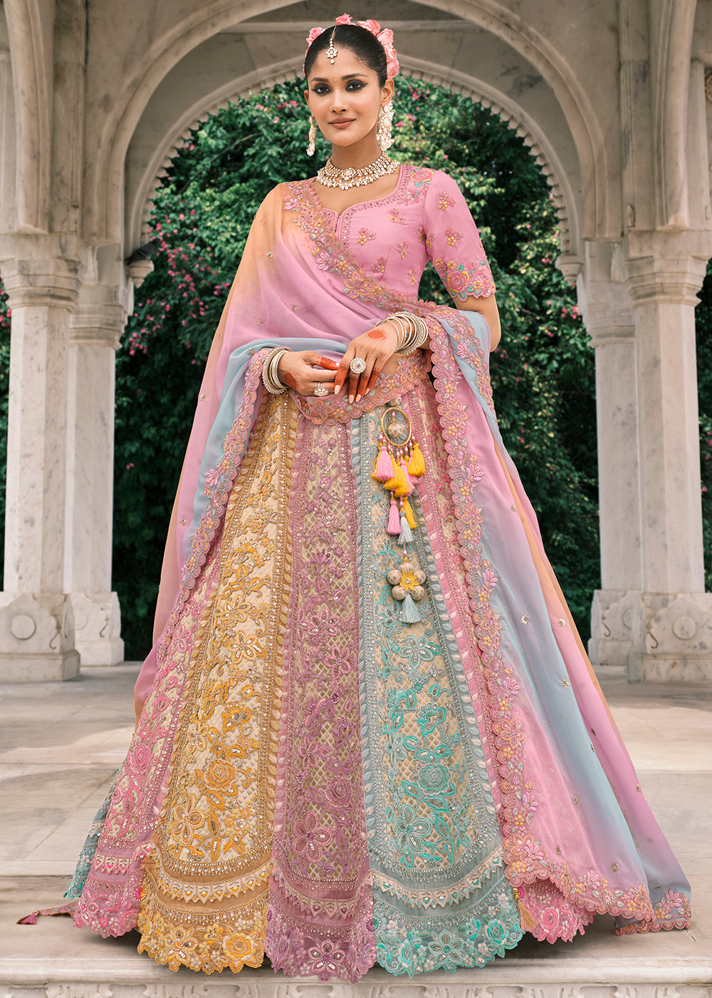 Buy Now Multicolor Designer Bridal Silk Lehenga Choli Online in US, UK, Canada, France, Italy, Germany, Greece, Malta, Africa, Belgium & Worldwide at Empress.
