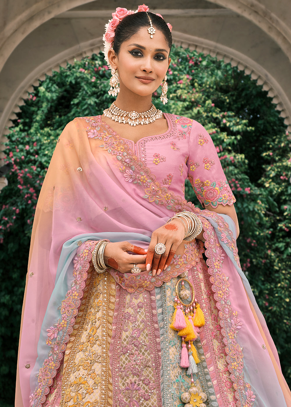 Buy Now Multicolor Designer Bridal Silk Lehenga Choli Online in US, UK, Canada, France, Italy, Germany, Greece, Malta, Africa, Belgium & Worldwide at Empress.