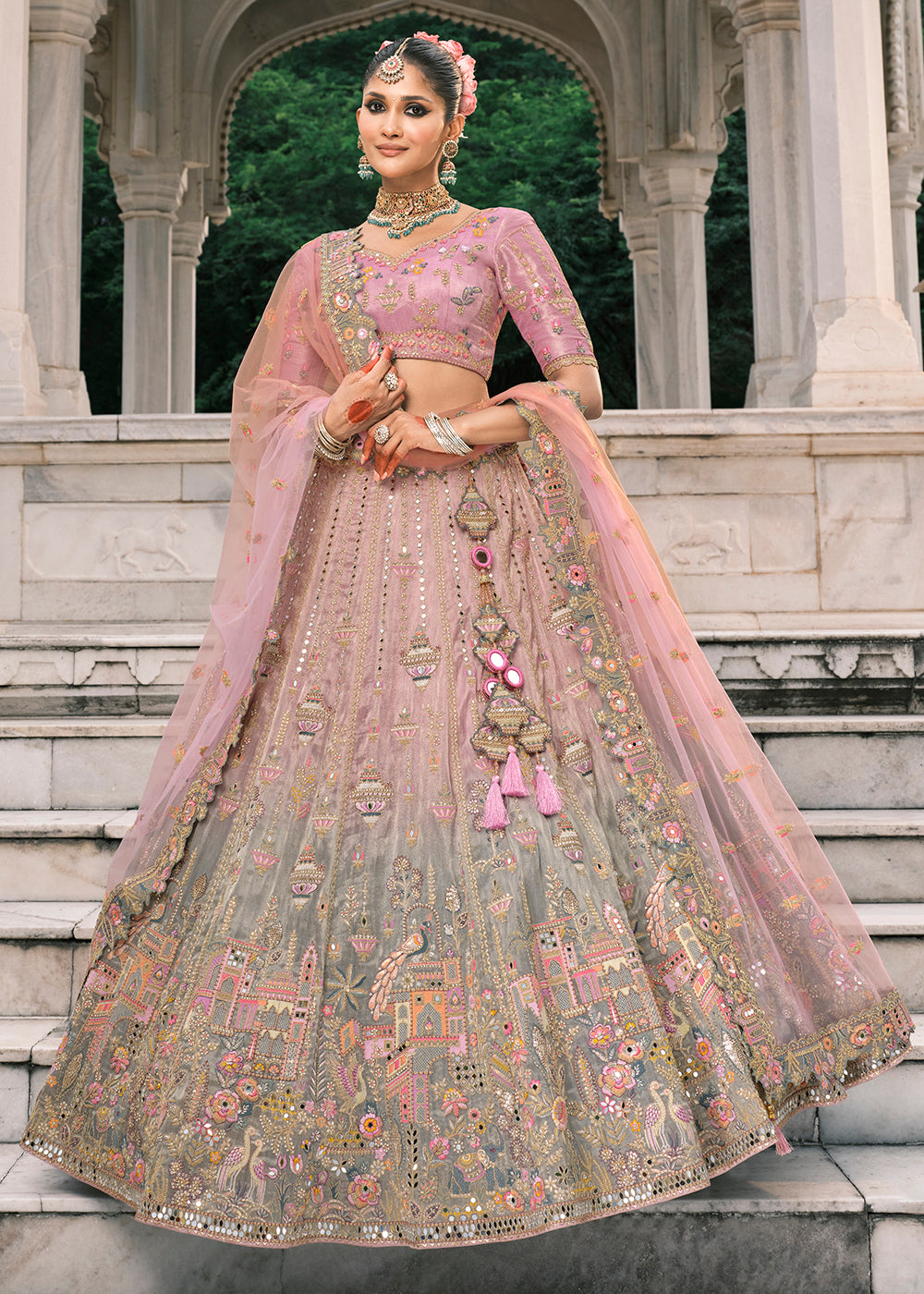 Buy Now Designer Pink & Grey Bridal Silk Lehenga Choli Online in US, UK, Canada, France, Italy, Germany, Greece, Malta, Africa, Belgium & Worldwide at Empress.