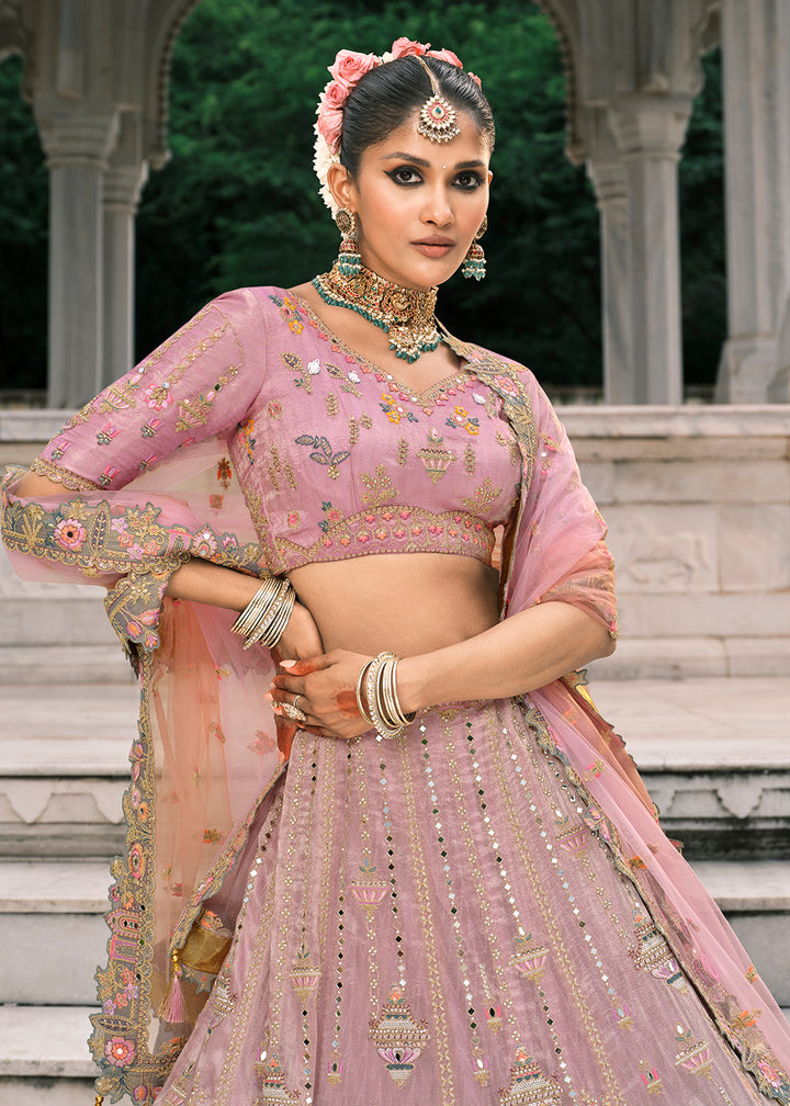 Buy Now Designer Pink & Grey Bridal Silk Lehenga Choli Online in US, UK, Canada, France, Italy, Germany, Greece, Malta, Africa, Belgium & Worldwide at Empress.
