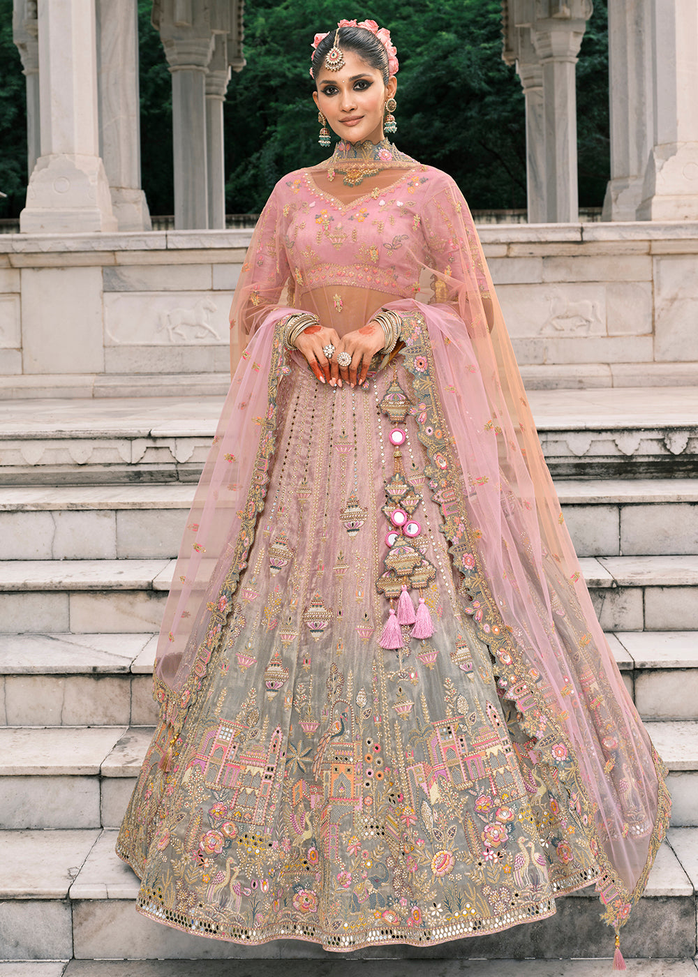 Buy Now Designer Pink & Grey Bridal Silk Lehenga Choli Online in US, UK, Canada, France, Italy, Germany, Greece, Malta, Africa, Belgium & Worldwide at Empress.