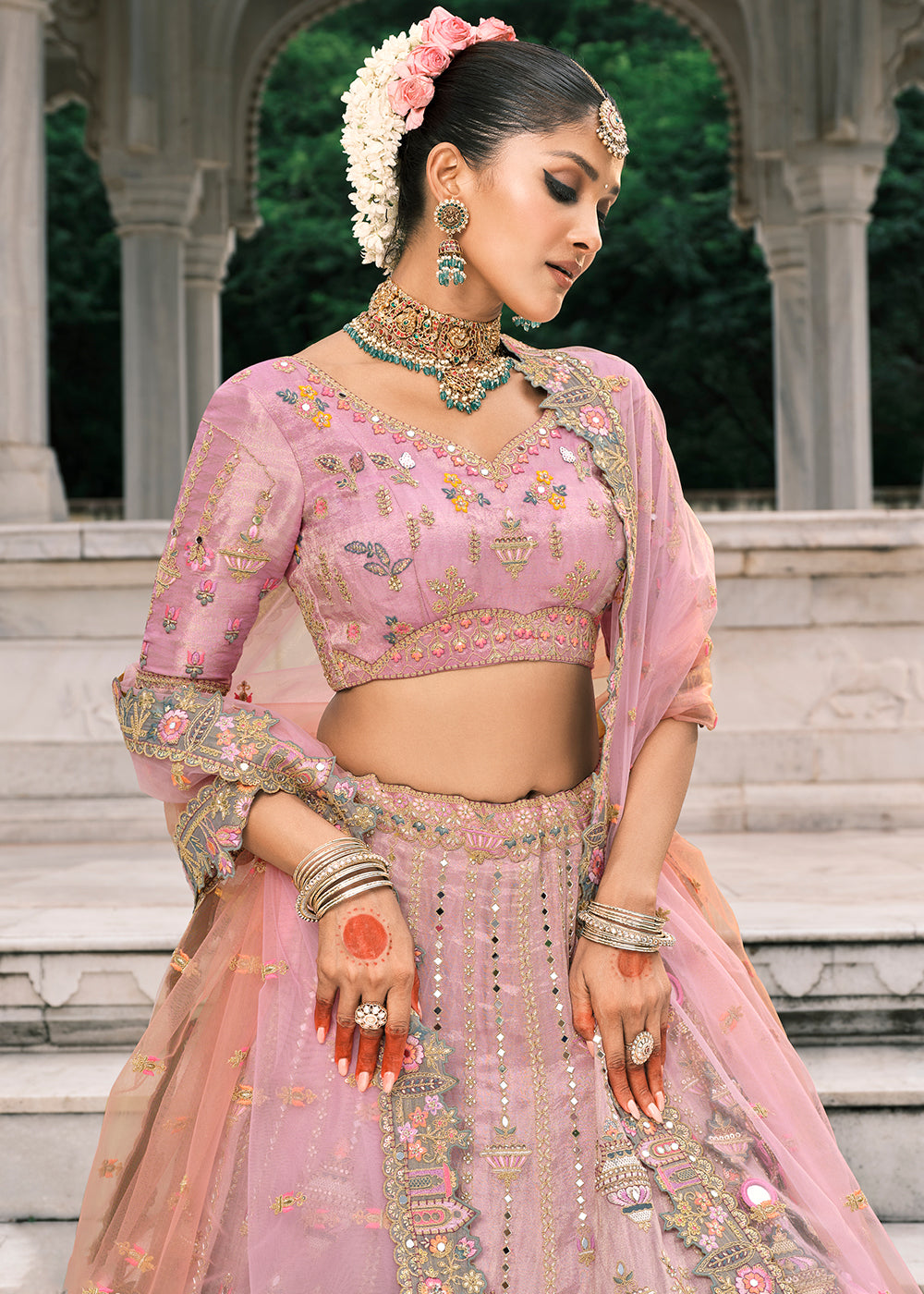 Buy Now Designer Pink & Grey Bridal Silk Lehenga Choli Online in US, UK, Canada, France, Italy, Germany, Greece, Malta, Africa, Belgium & Worldwide at Empress.