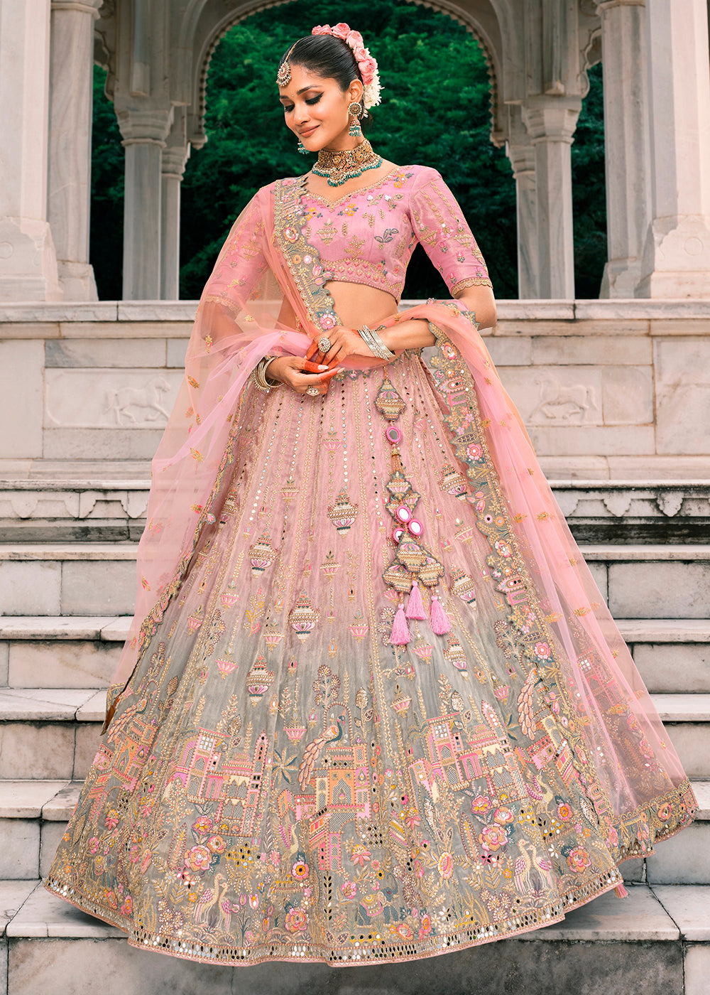 Buy Now Designer Pink & Grey Bridal Silk Lehenga Choli Online in US, UK, Canada, France, Italy, Germany, Greece, Malta, Africa, Belgium & Worldwide at Empress.