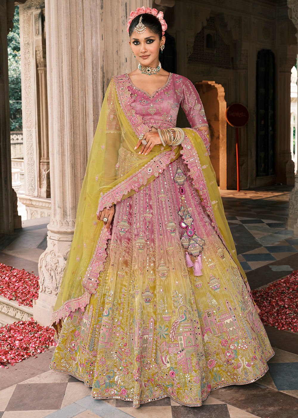 Buy Now Designer Pink & Yellow Bridal Silk Lehenga Choli Online in US, UK, Canada, France, Italy, Germany, Greece, Malta, Africa, Belgium & Worldwide at Empress.