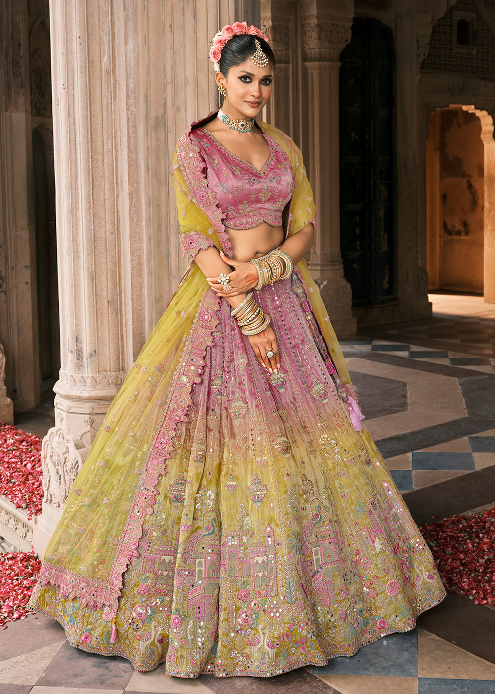 Buy Now Designer Pink & Yellow Bridal Silk Lehenga Choli Online in US, UK, Canada, France, Italy, Germany, Greece, Malta, Africa, Belgium & Worldwide at Empress.