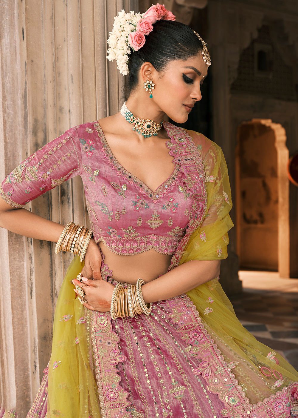 Buy Now Designer Pink & Yellow Bridal Silk Lehenga Choli Online in US, UK, Canada, France, Italy, Germany, Greece, Malta, Africa, Belgium & Worldwide at Empress.
