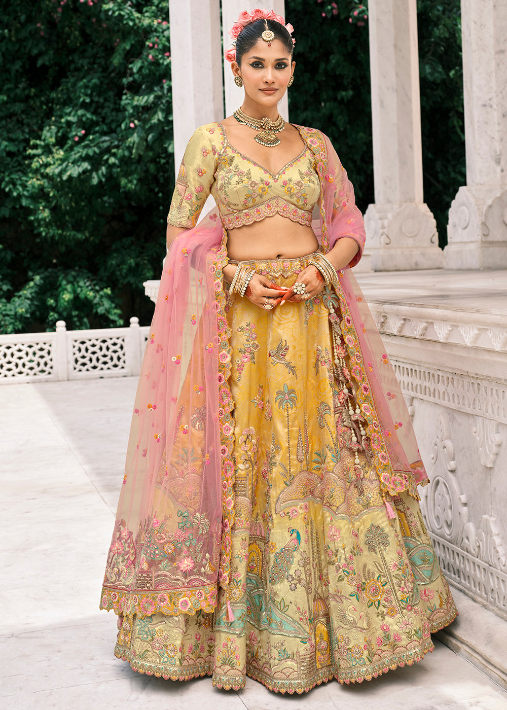 Buy Now Designer Yellow & Cream Bridal Silk Lehenga Choli Online in US, UK, Canada, France, Italy, Germany, Greece, Malta, Africa, Spain & Worldwide at Empress.