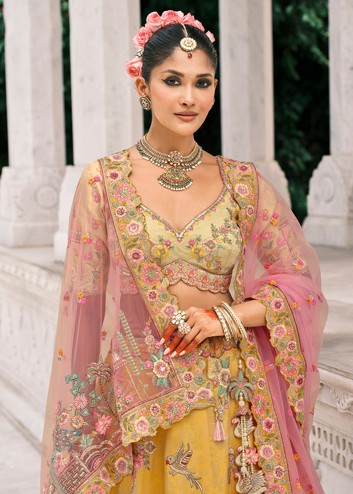 Buy Now Designer Yellow & Cream Bridal Silk Lehenga Choli Online in US, UK, Canada, France, Italy, Germany, Greece, Malta, Africa, Spain & Worldwide at Empress.