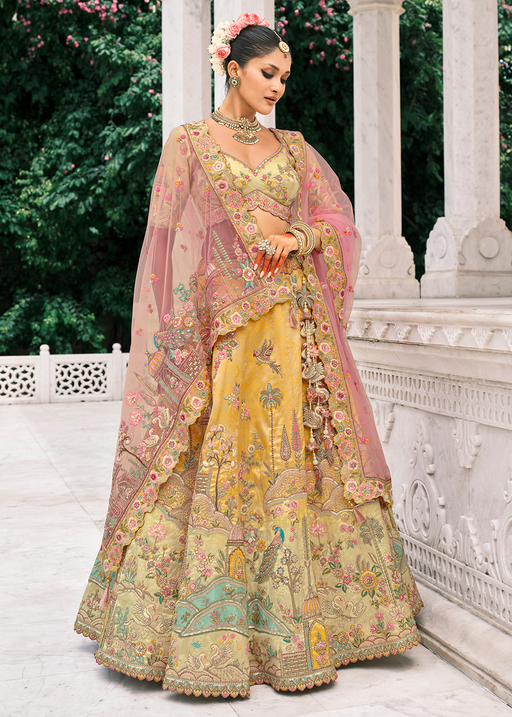 Buy Now Designer Yellow & Cream Bridal Silk Lehenga Choli Online in US, UK, Canada, France, Italy, Germany, Greece, Malta, Africa, Spain & Worldwide at Empress.