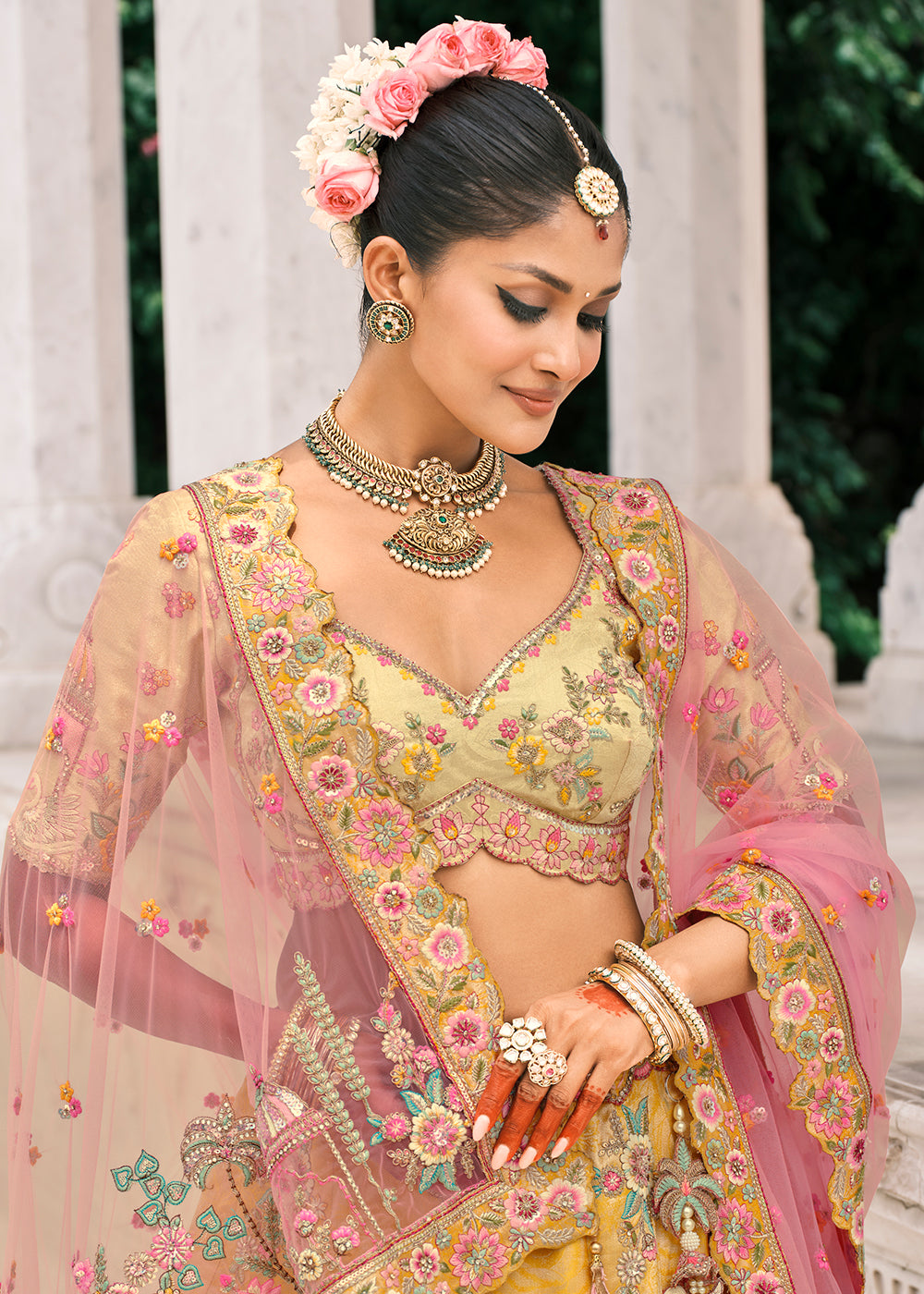 Buy Now Designer Yellow & Cream Bridal Silk Lehenga Choli Online in US, UK, Canada, France, Italy, Germany, Greece, Malta, Africa, Spain & Worldwide at Empress.