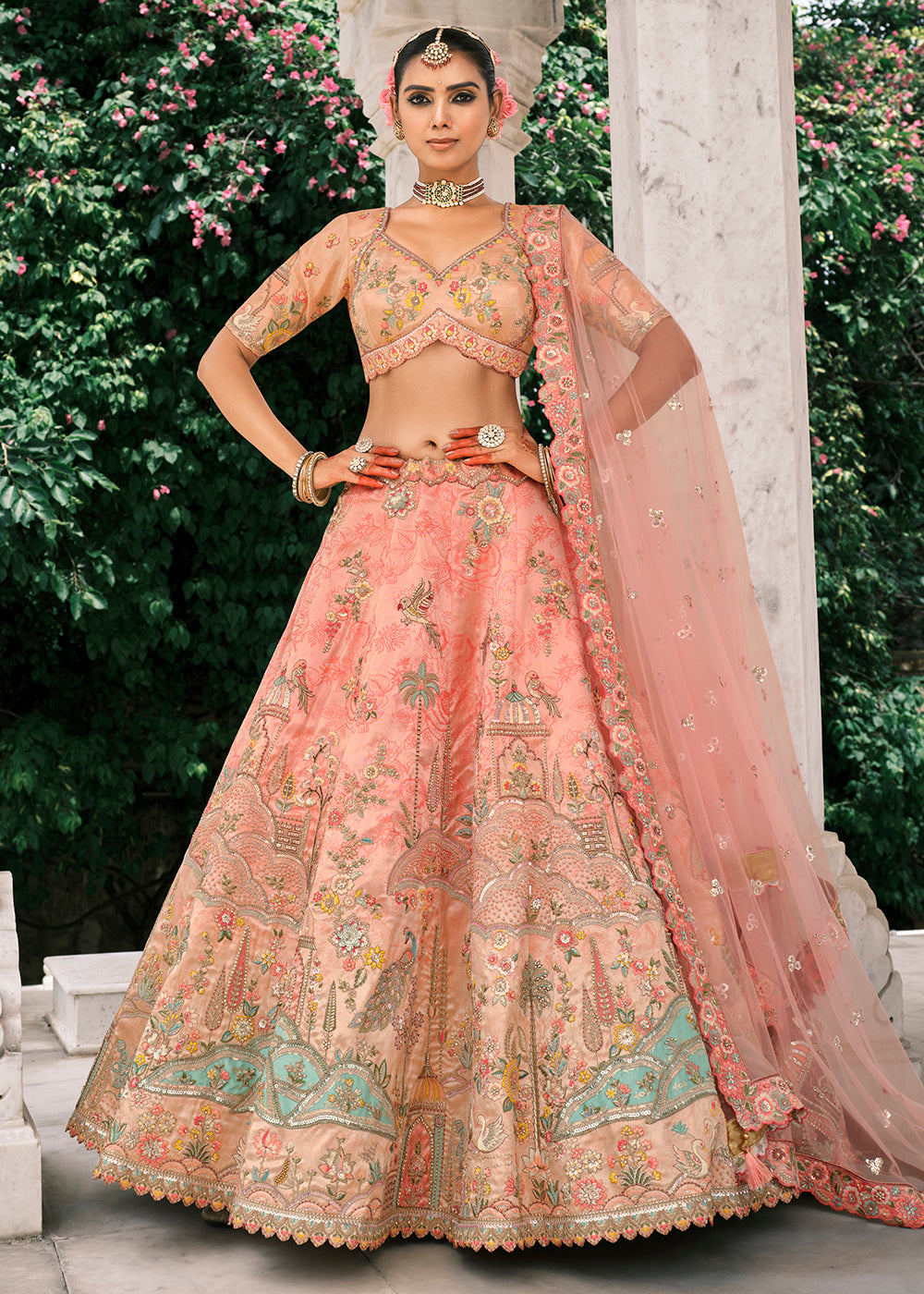 Buy Now Designer Peach Bridal Silk Lehenga Choli Online in US, UK, Canada, France, Italy, Germany, Greece, Malta, Africa, Spain, UAE & Worldwide at Empress.