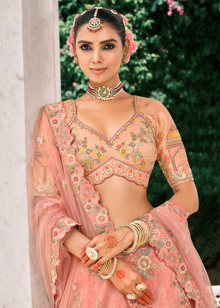 Buy Now Designer Peach Bridal Silk Lehenga Choli Online in US, UK, Canada, France, Italy, Germany, Greece, Malta, Africa, Spain, UAE & Worldwide at Empress.