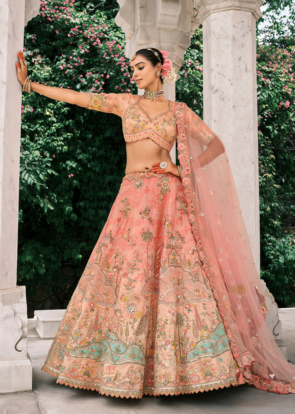 Buy Now Designer Peach Bridal Silk Lehenga Choli Online in US, UK, Canada, France, Italy, Germany, Greece, Malta, Africa, Spain, UAE & Worldwide at Empress.