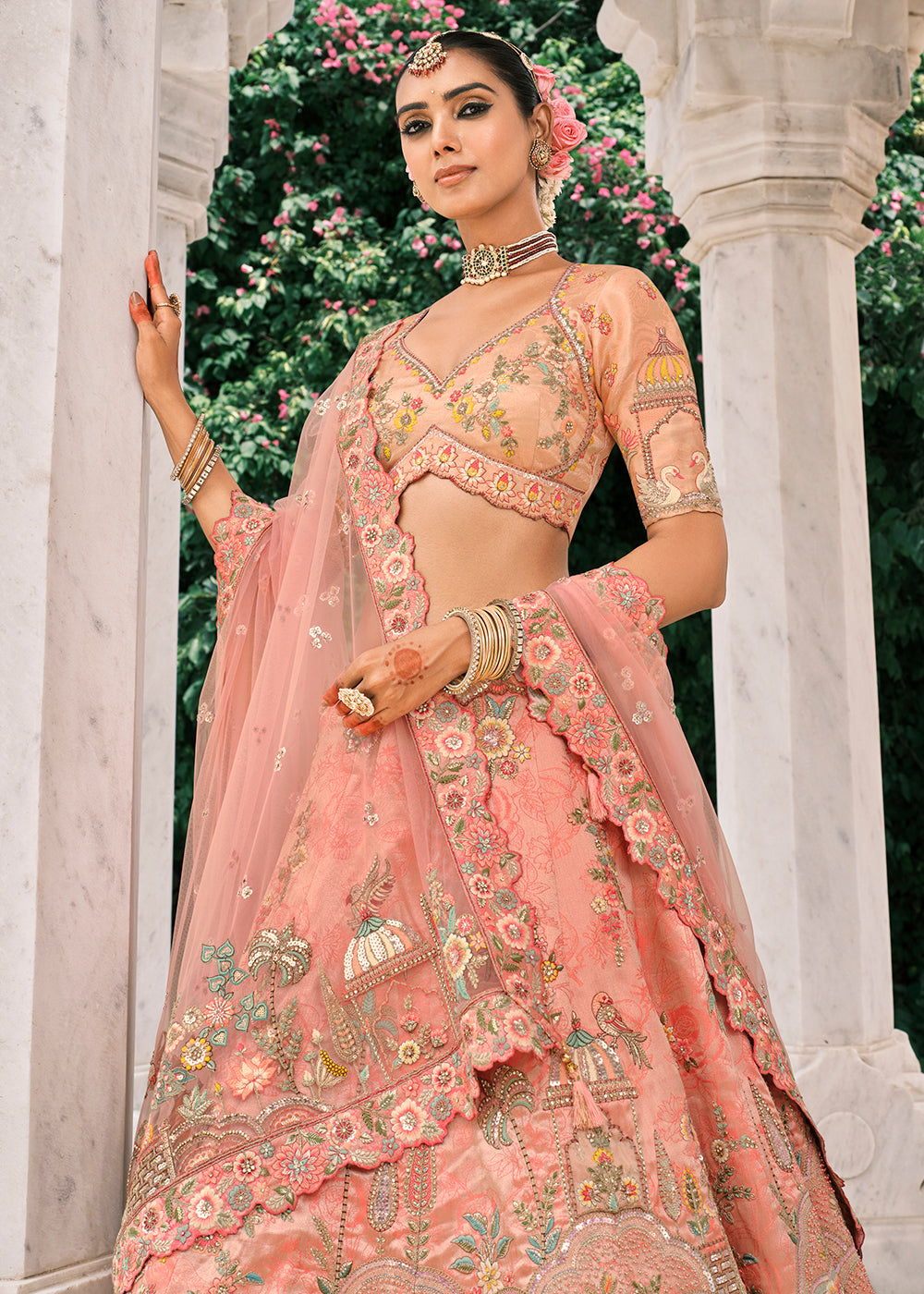 Buy Now Designer Peach Bridal Silk Lehenga Choli Online in US, UK, Canada, France, Italy, Germany, Greece, Malta, Africa, Spain, UAE & Worldwide at Empress.