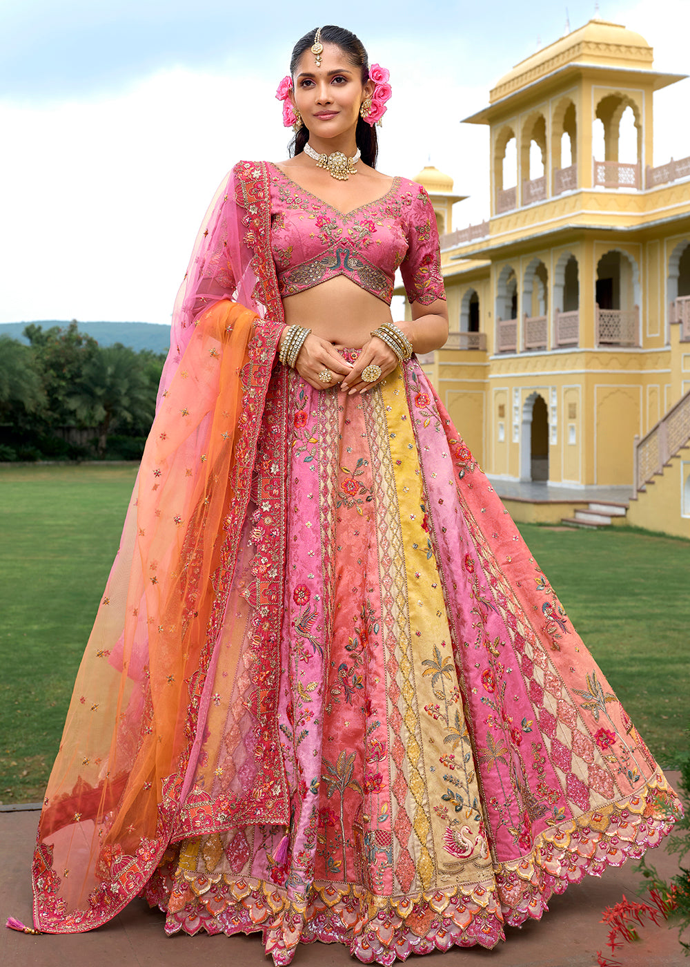 Buy Now Exclusive Pink & Peach Silk Bridal Designer Lehenga Choli Online in US, UK, Canada, France, Italy, Germany, Australia, Greece & Worldwide at Empress.