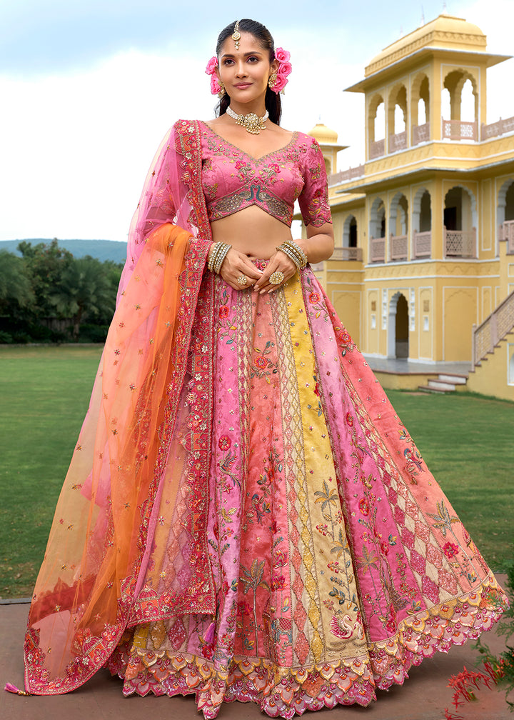 Buy Now Exclusive Pink & Peach Silk Bridal Designer Lehenga Choli Online in US, UK, Canada, France, Italy, Germany, Australia, Greece & Worldwide at Empress.