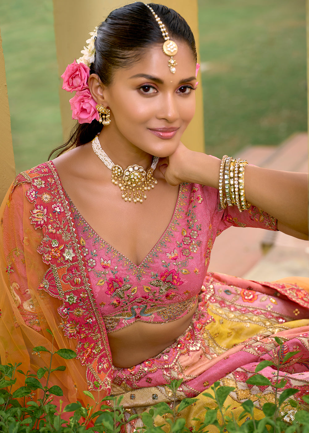 Buy Now Exclusive Pink & Peach Silk Bridal Designer Lehenga Choli Online in US, UK, Canada, France, Italy, Germany, Australia, Greece & Worldwide at Empress.