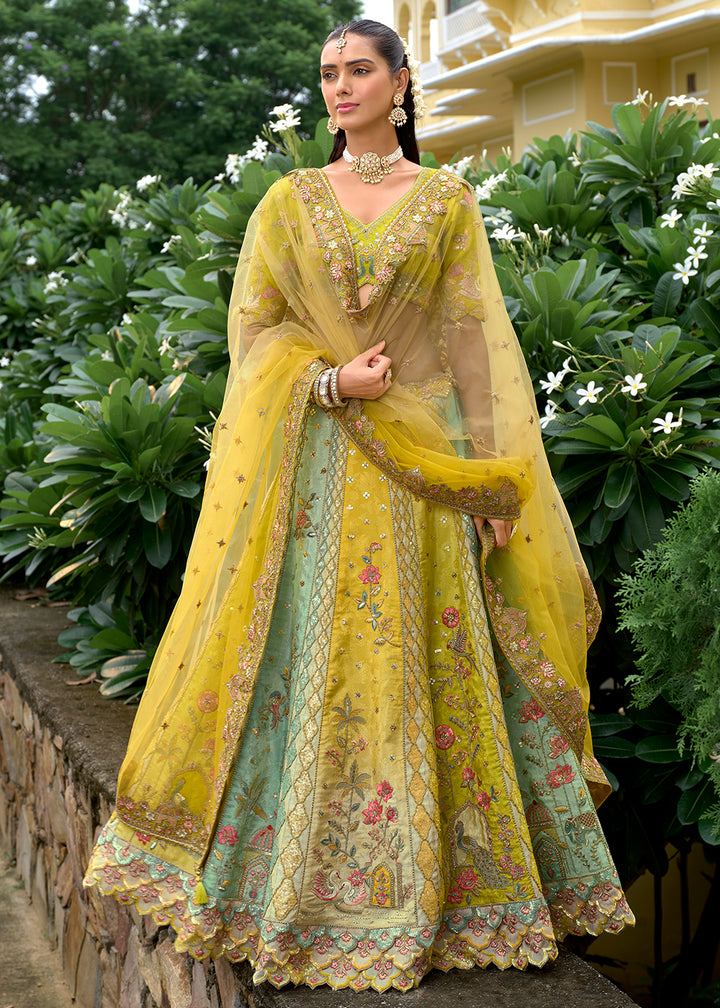 Buy Now Exclusive Yellow & Green Silk Bridal Designer Lehenga Choli Online in US, UK, Canada, France, Italy, Germany, Australia, Greece & Worldwide at Empress.