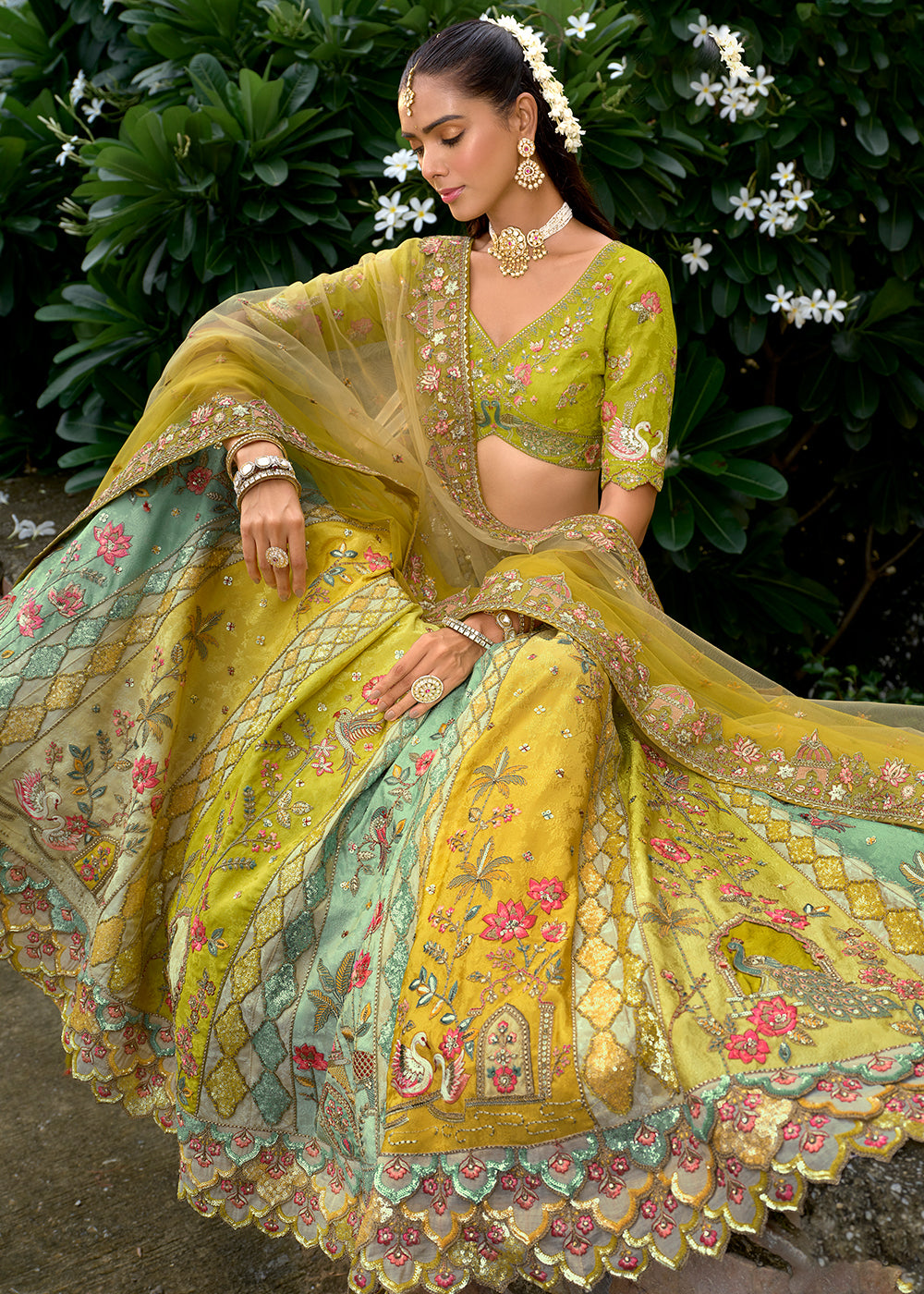 Buy Now Exclusive Yellow & Green Silk Bridal Designer Lehenga Choli Online in US, UK, Canada, France, Italy, Germany, Australia, Greece & Worldwide at Empress.