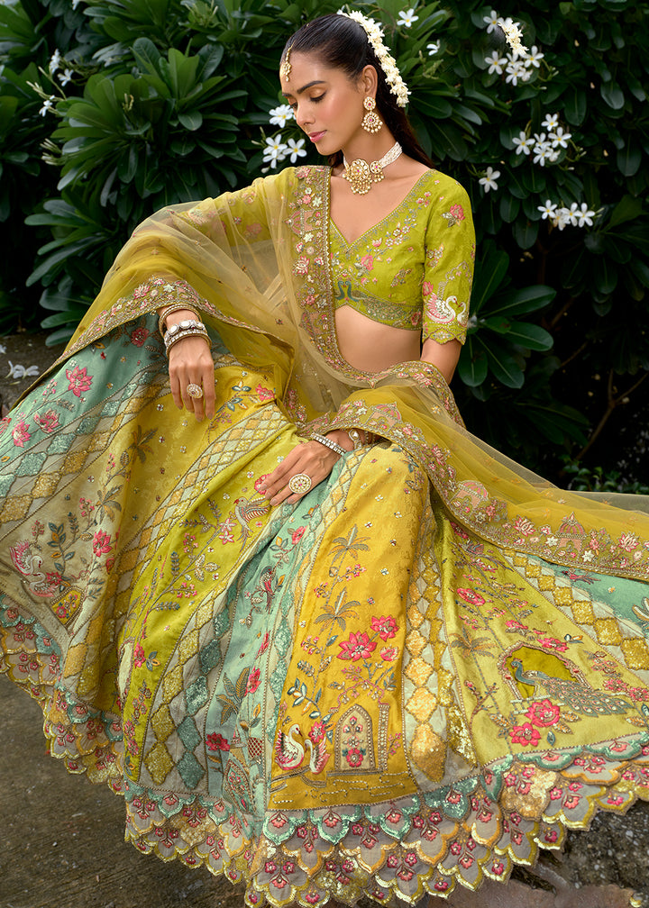 Buy Now Exclusive Yellow & Green Silk Bridal Designer Lehenga Choli Online in US, UK, Canada, France, Italy, Germany, Australia, Greece & Worldwide at Empress.